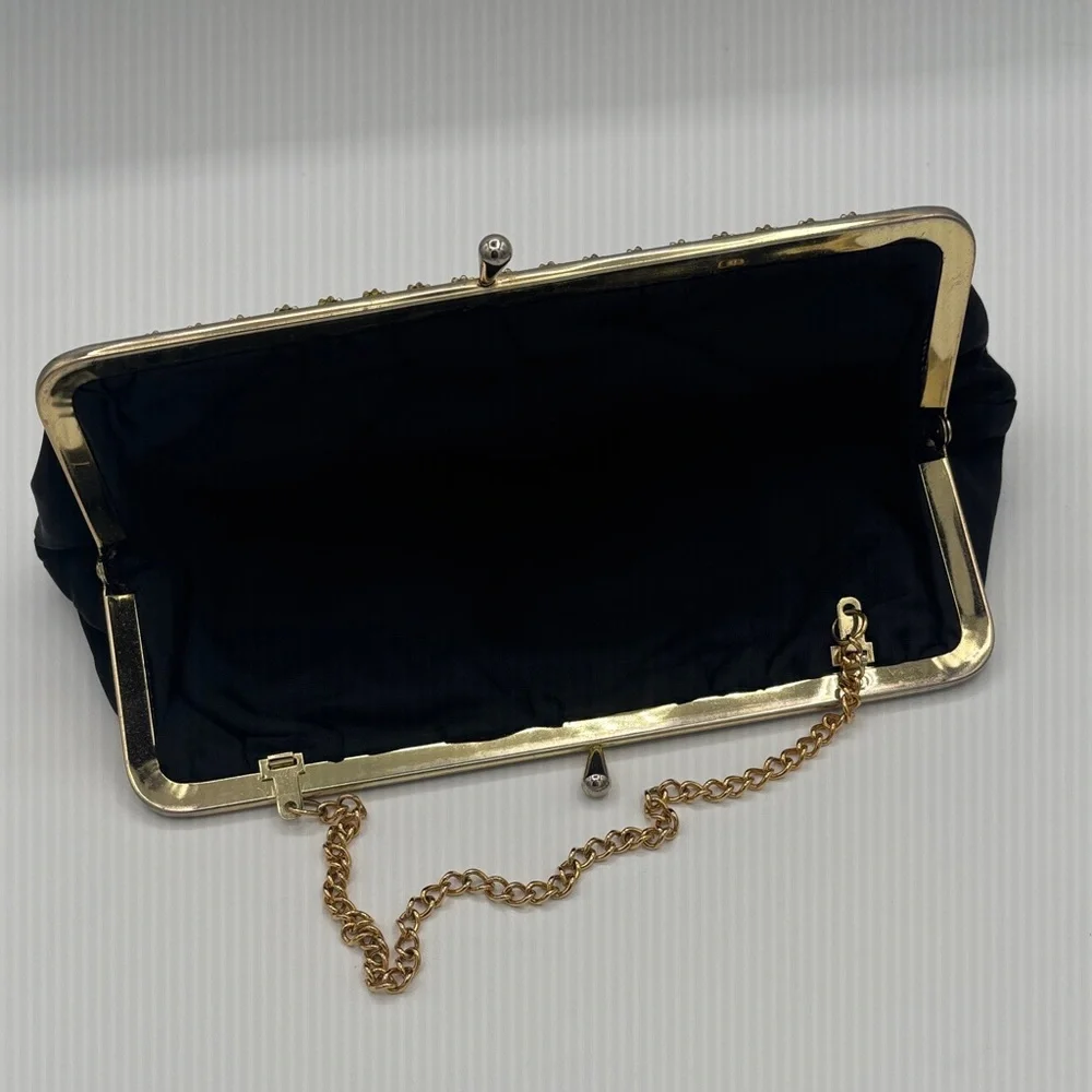 Vintage Elegant Black Evening Clutch Gold Chain w/ Floral Rhinestones on Frame